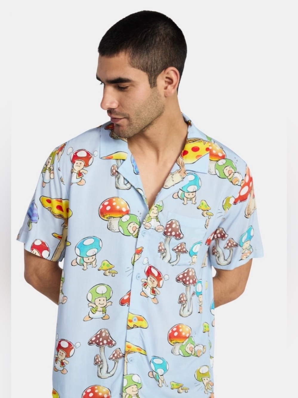 Men's Light Blue Mushroom Print Short-Sleeve Shirt button up